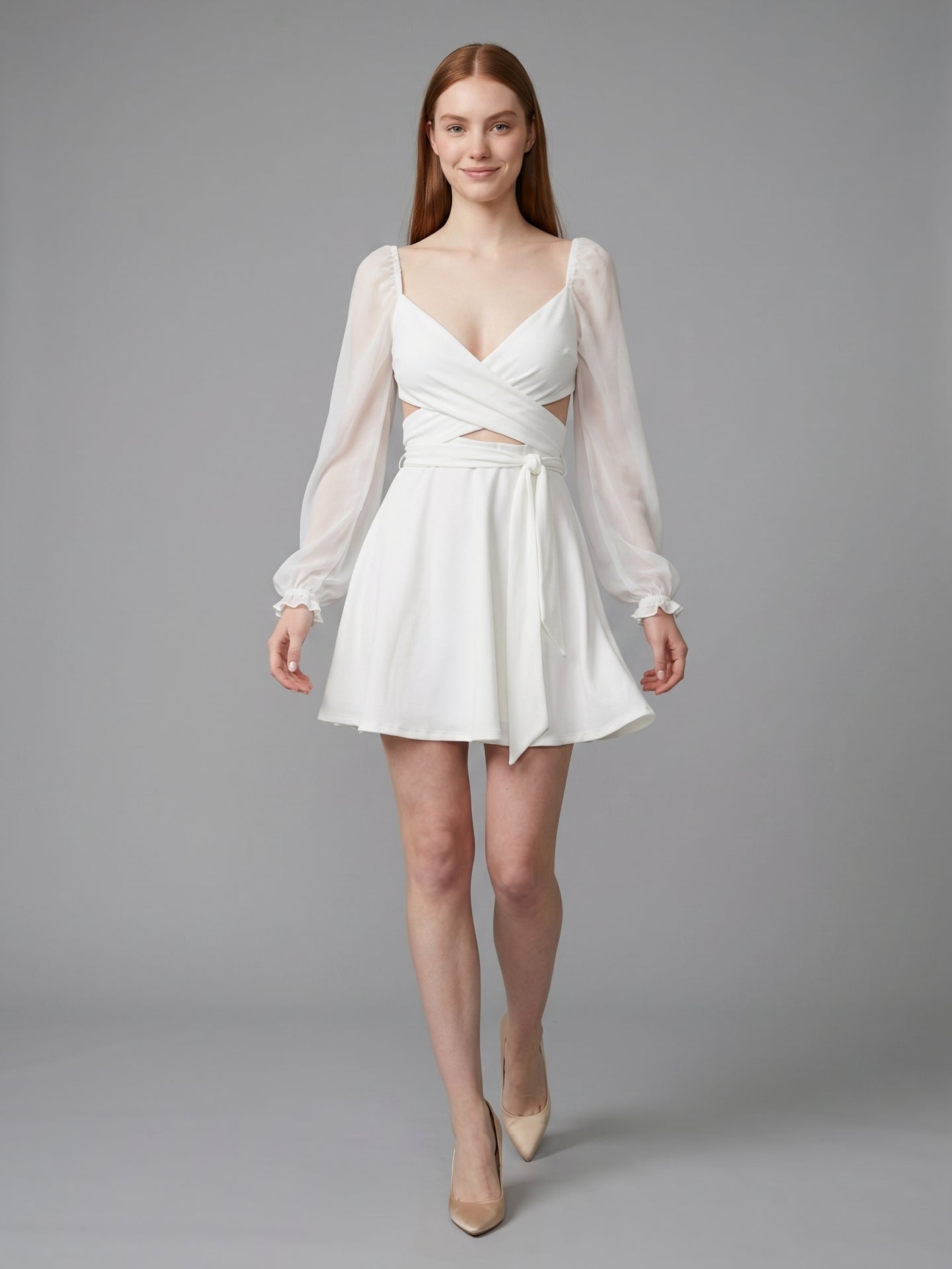 White Stretch Knit A-Line V-Neck Backless Knee-Length Bridesmaid Dress