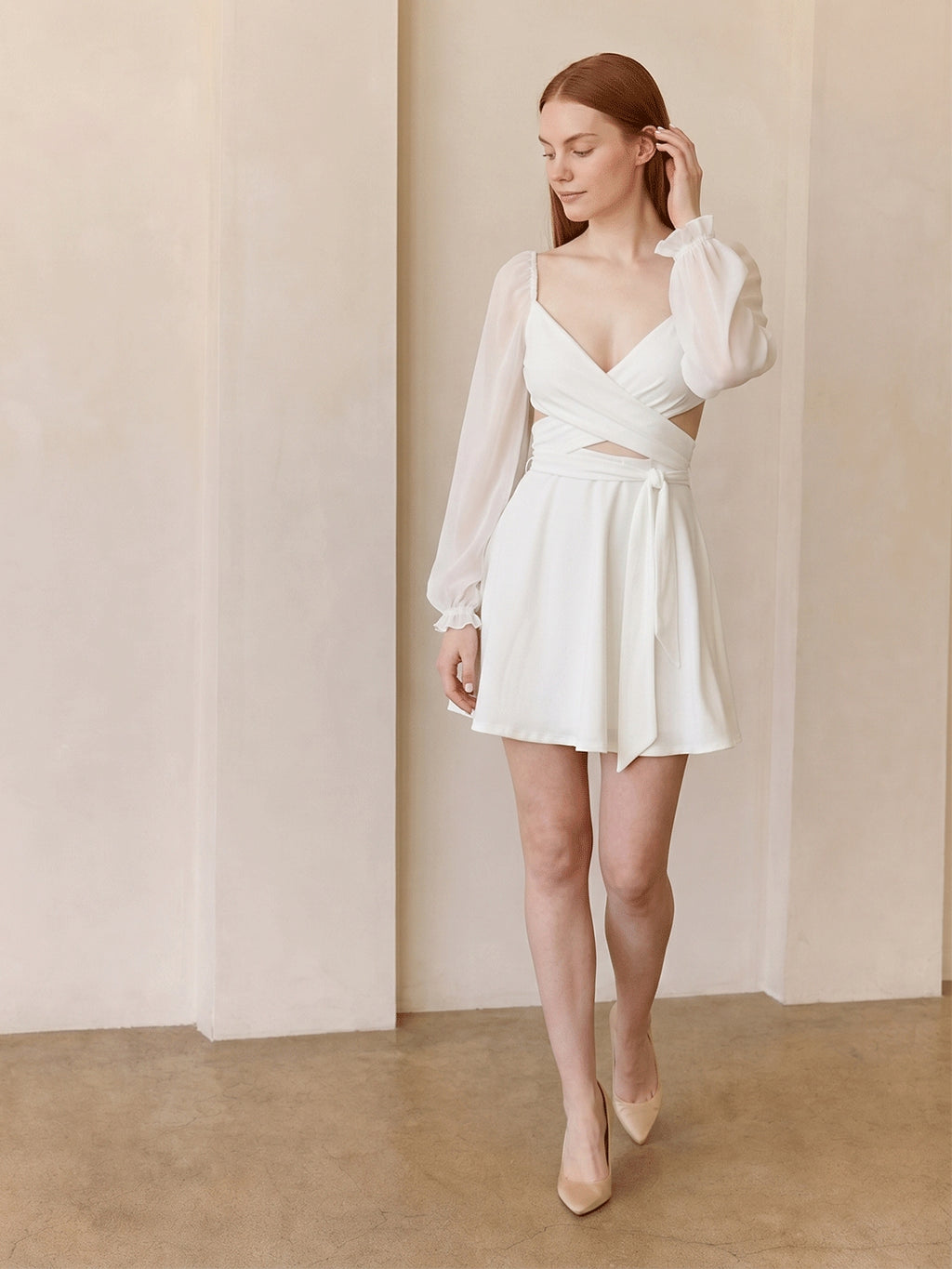 White Stretch Knit A-Line V-Neck Backless Knee-Length Bridesmaid Dress