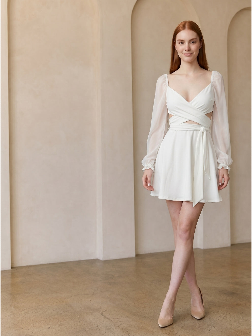White Stretch Knit A-Line V-Neck Backless Knee-Length Bridesmaid Dress