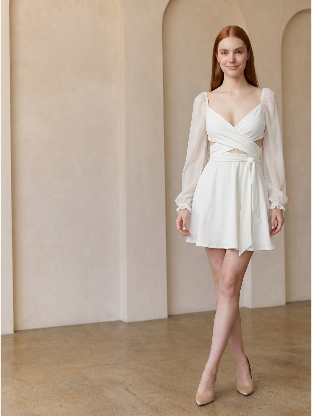 White Stretch Knit A-Line V-Neck Backless Knee-Length Bridesmaid Dress