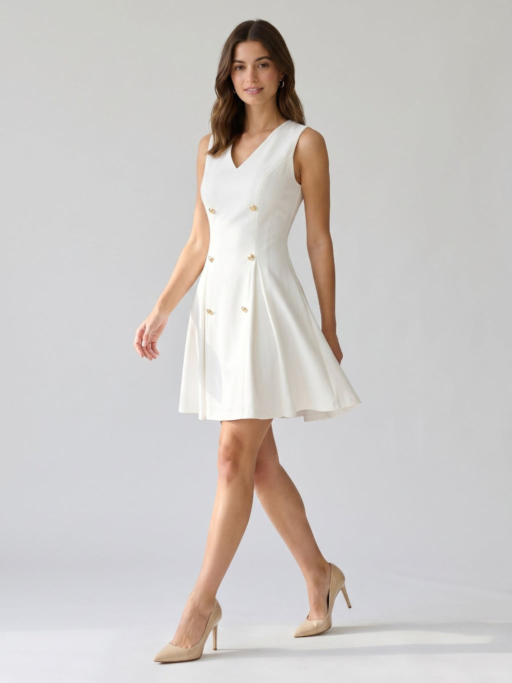 White Stretch Knit A-Line V-Neck Short Dress with Pleating
