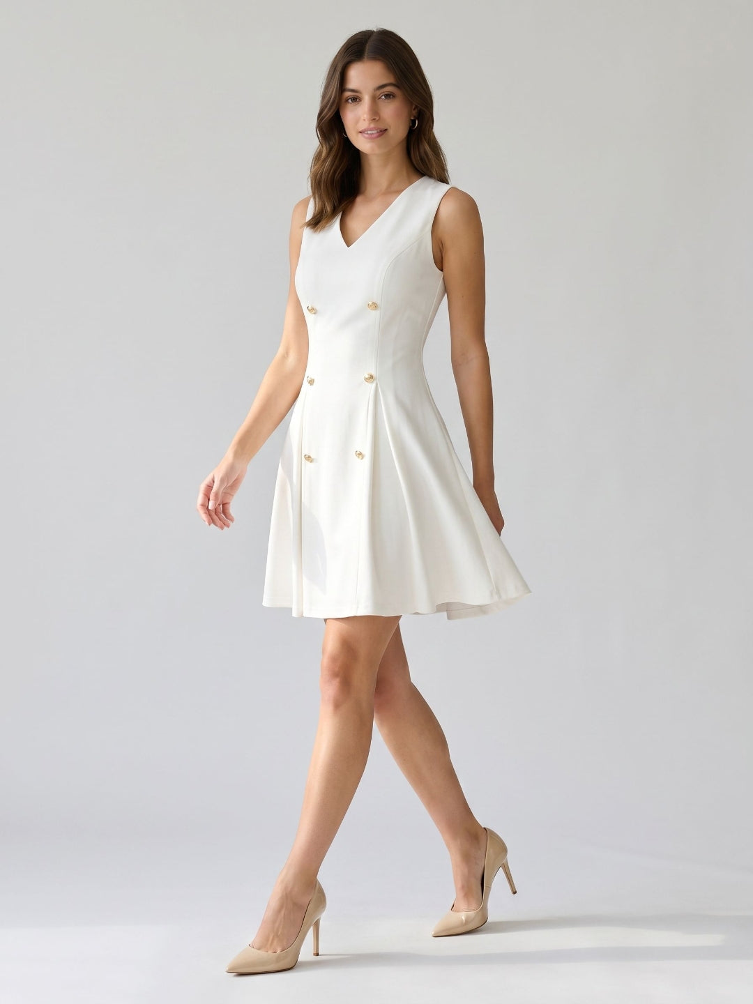 White Stretch Knit A-Line V-Neck Short Birthday Dress with Pleating