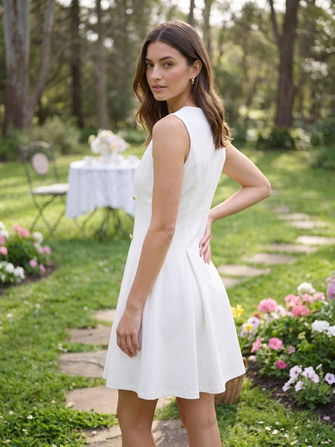 White Stretch Knit A-Line V-Neck Short Dress with Pleating
