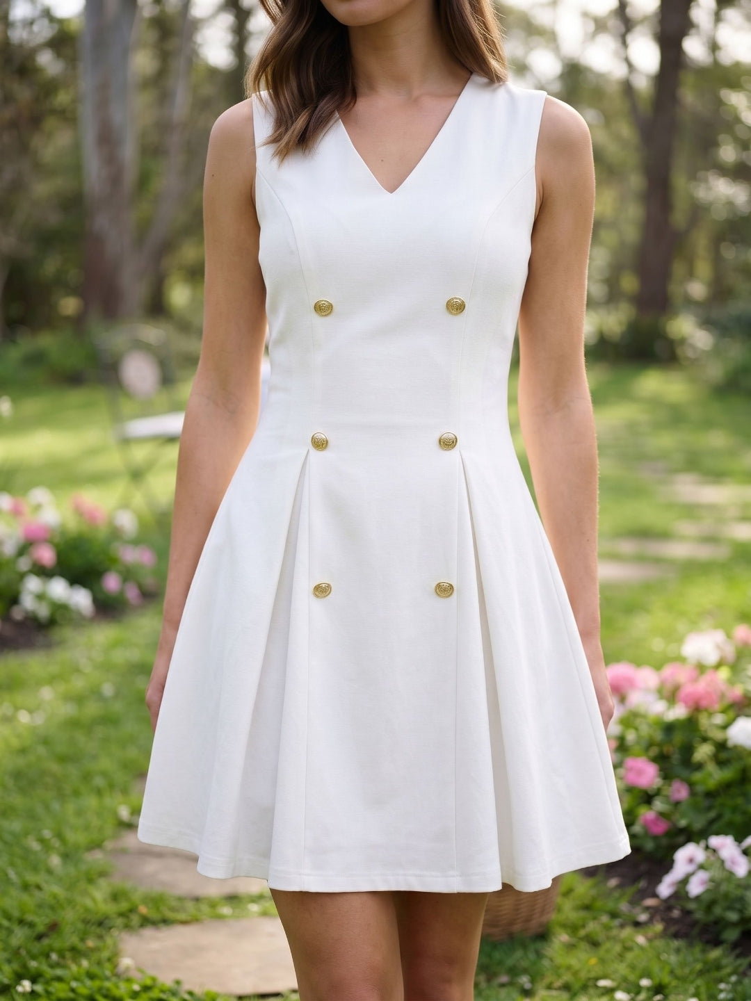 White Stretch Knit A-Line V-Neck Short Dress with Pleating