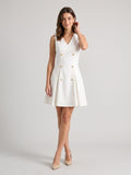 White Stretch Knit A-Line V-Neck Short Dress with Pleating