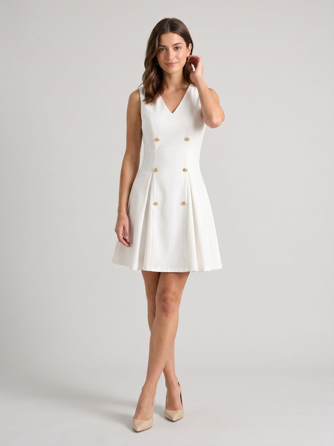 White Stretch Knit A-Line V-Neck Short Birthday Dress with Pleating