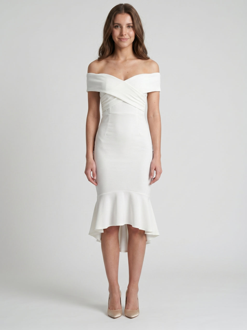 White Stretch Knit Sheath Off-the-Shoulder Back Zip Tea-Length Ruffle Bridesmaid Dress