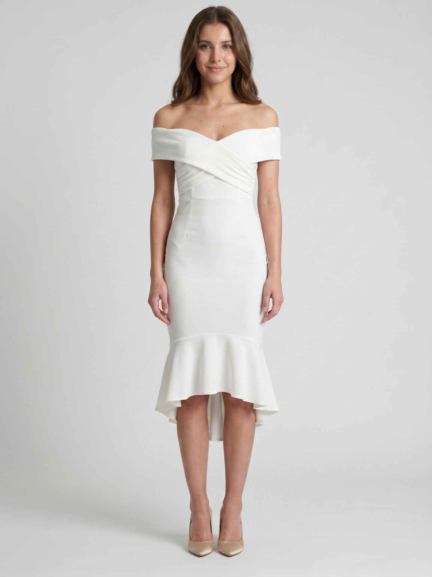 White Stretch Knit Sheath Off-the-Shoulder Back Zip Tea-Length Ruffle Bridesmaid Dress
