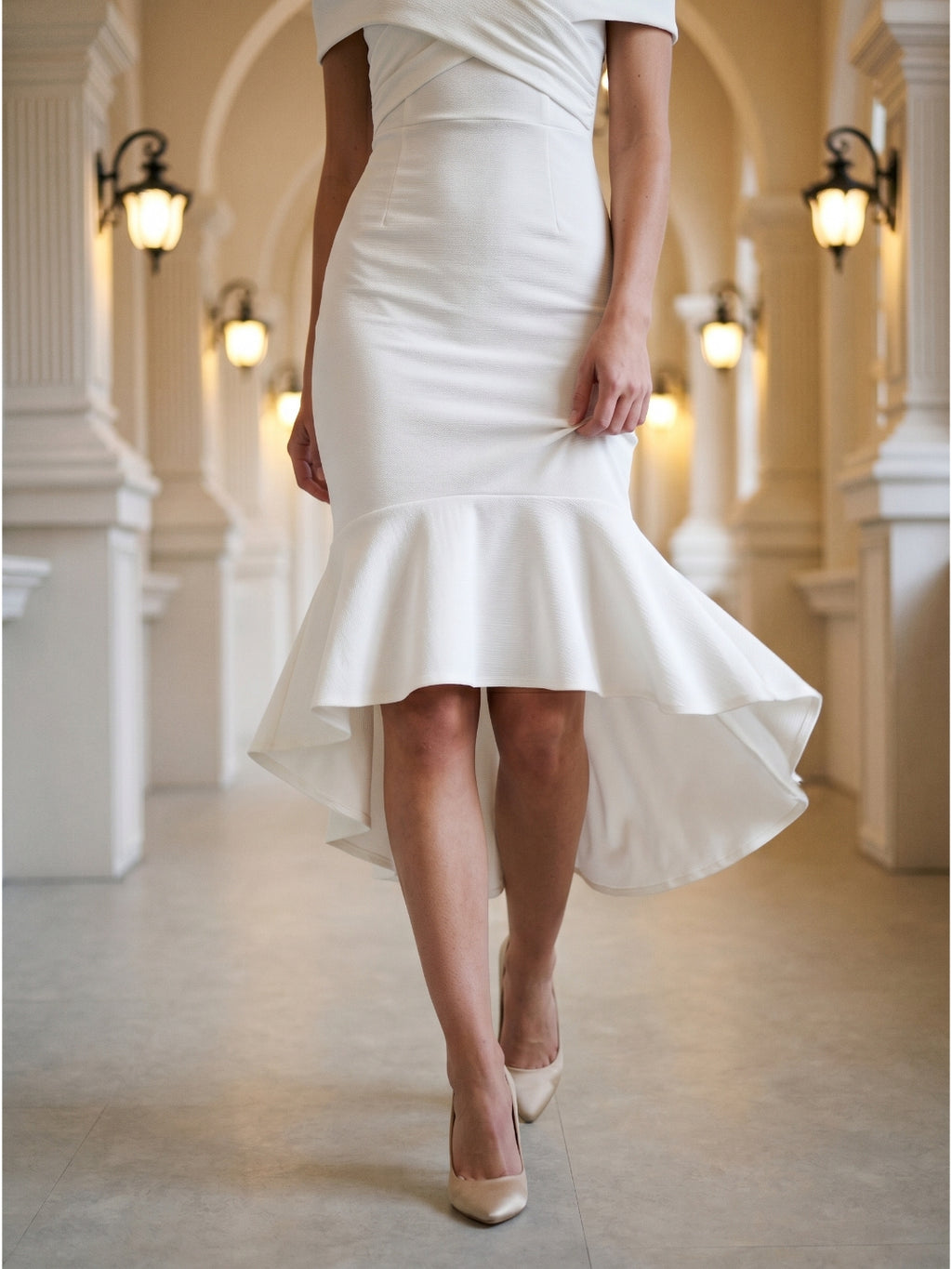 White Stretch Knit Sheath Off-the-Shoulder Back Zip Tea-Length Ruffle Bridesmaid Dress