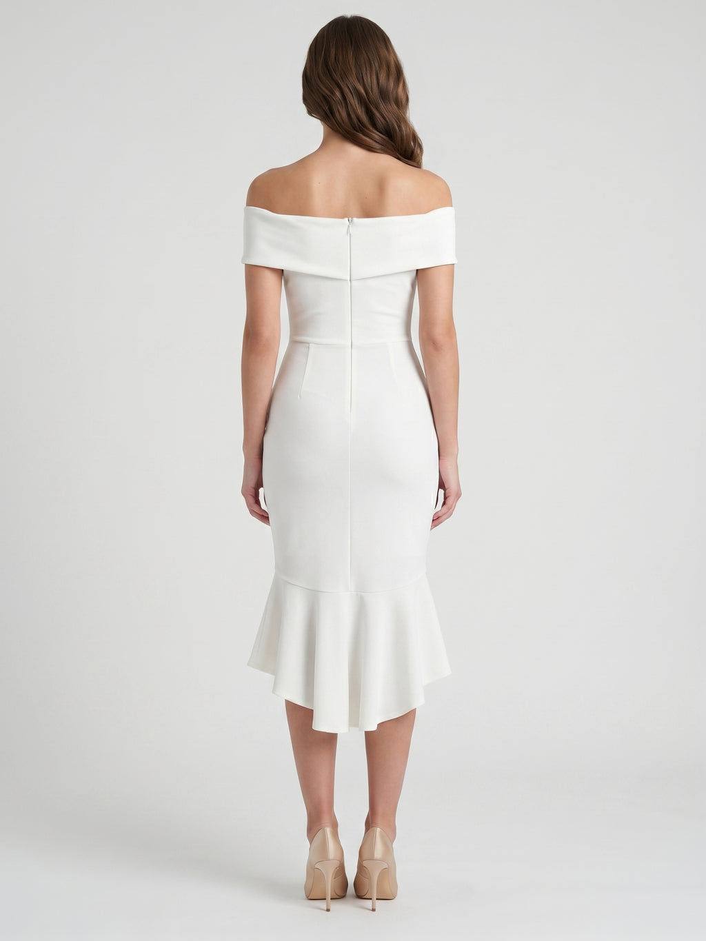 White Stretch Knit Sheath Off-the-Shoulder Back Zip Tea-Length Ruffle Bridesmaid Dress