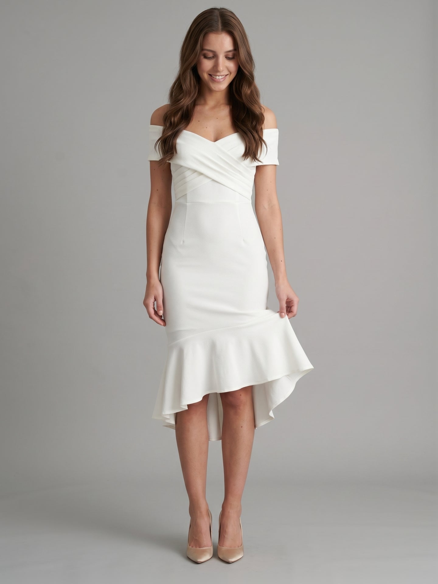 White Stretch Knit Sheath Off-the-Shoulder Back Zip Tea-Length Ruffle Bridesmaid Dress