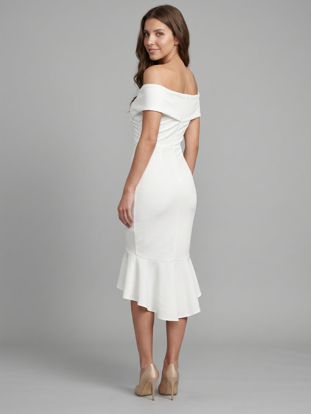 White Stretch Knit Sheath Off-the-Shoulder Back Zip Tea-Length Ruffle Bridesmaid Dress