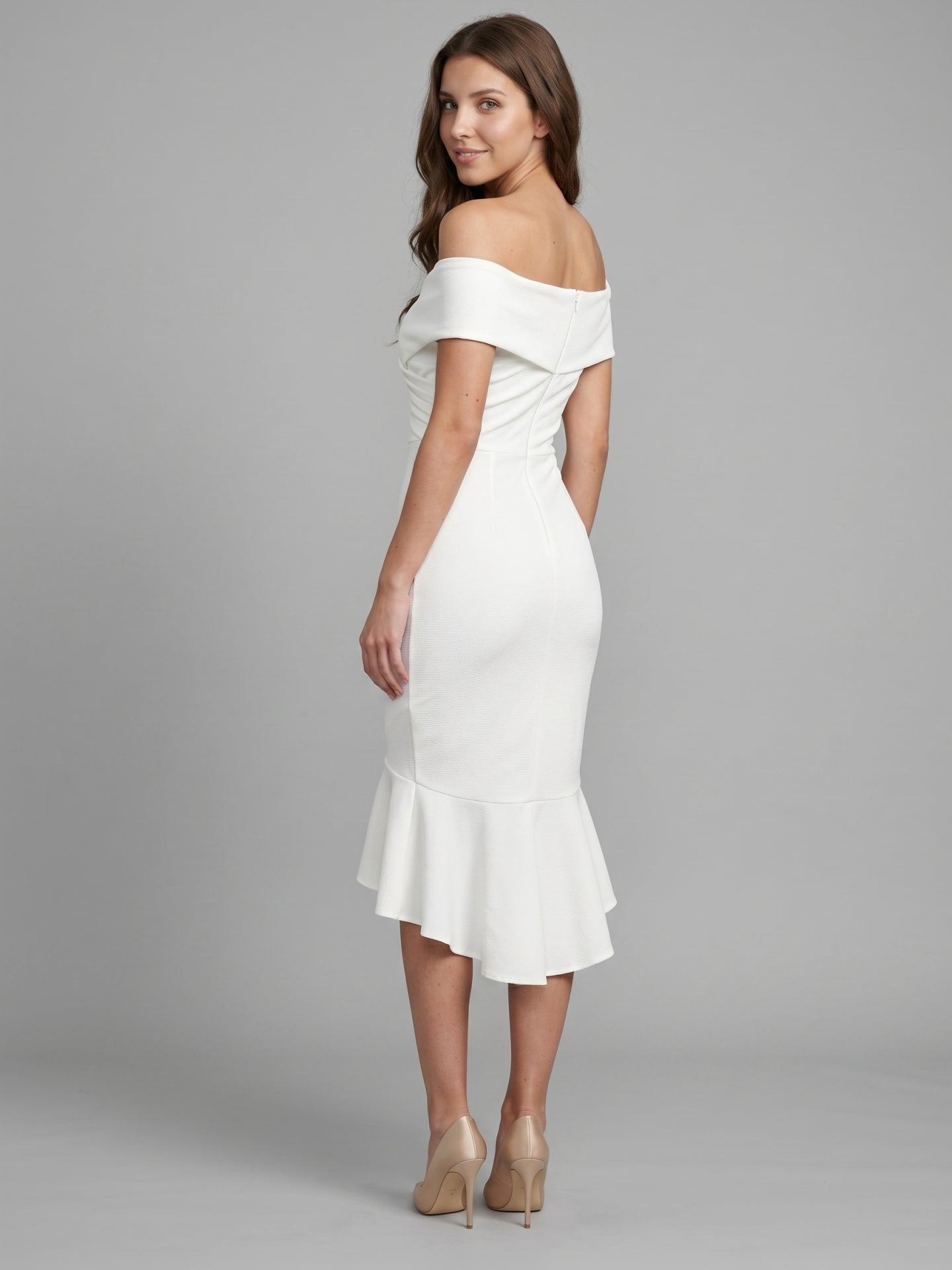 White Stretch Knit Sheath Off-the-Shoulder Back Zip Tea-Length Ruffle Bridesmaid Dress