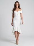 White Stretch Knit Sheath Off-the-Shoulder Back Zip Tea-Length Ruffle Bridesmaid Dress