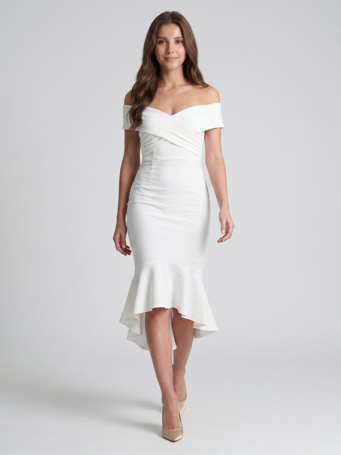 White Stretch Knit Sheath Off-the-Shoulder Back Zip Tea-Length Ruffle Bridesmaid Dress