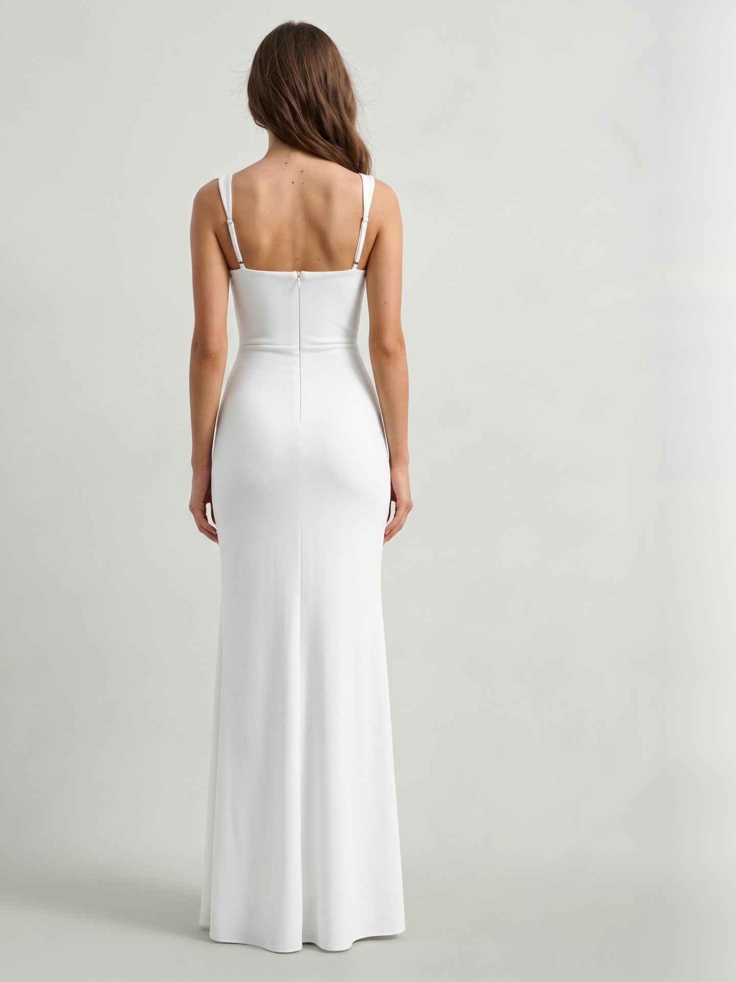 White Stretch Knit Sheath Square Neck Back Zip Floor-Length Bridesmaid Dress with Pleats