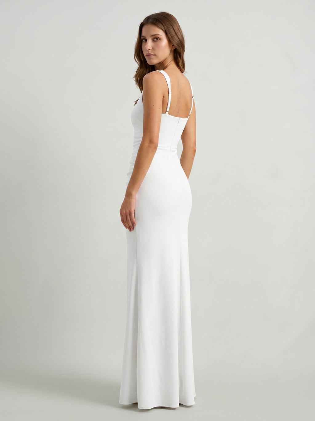 White Stretch Knit Sheath Square Neck Back Zip Floor-Length Bridesmaid Dress with Pleats