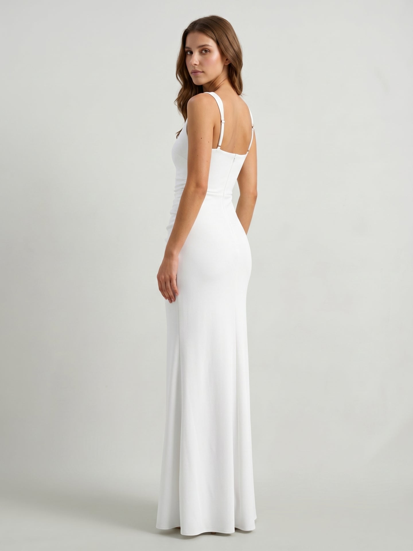 White Stretch Knit Sheath Square Neck Back Zip Floor-Length Bridesmaid Dress with Pleats