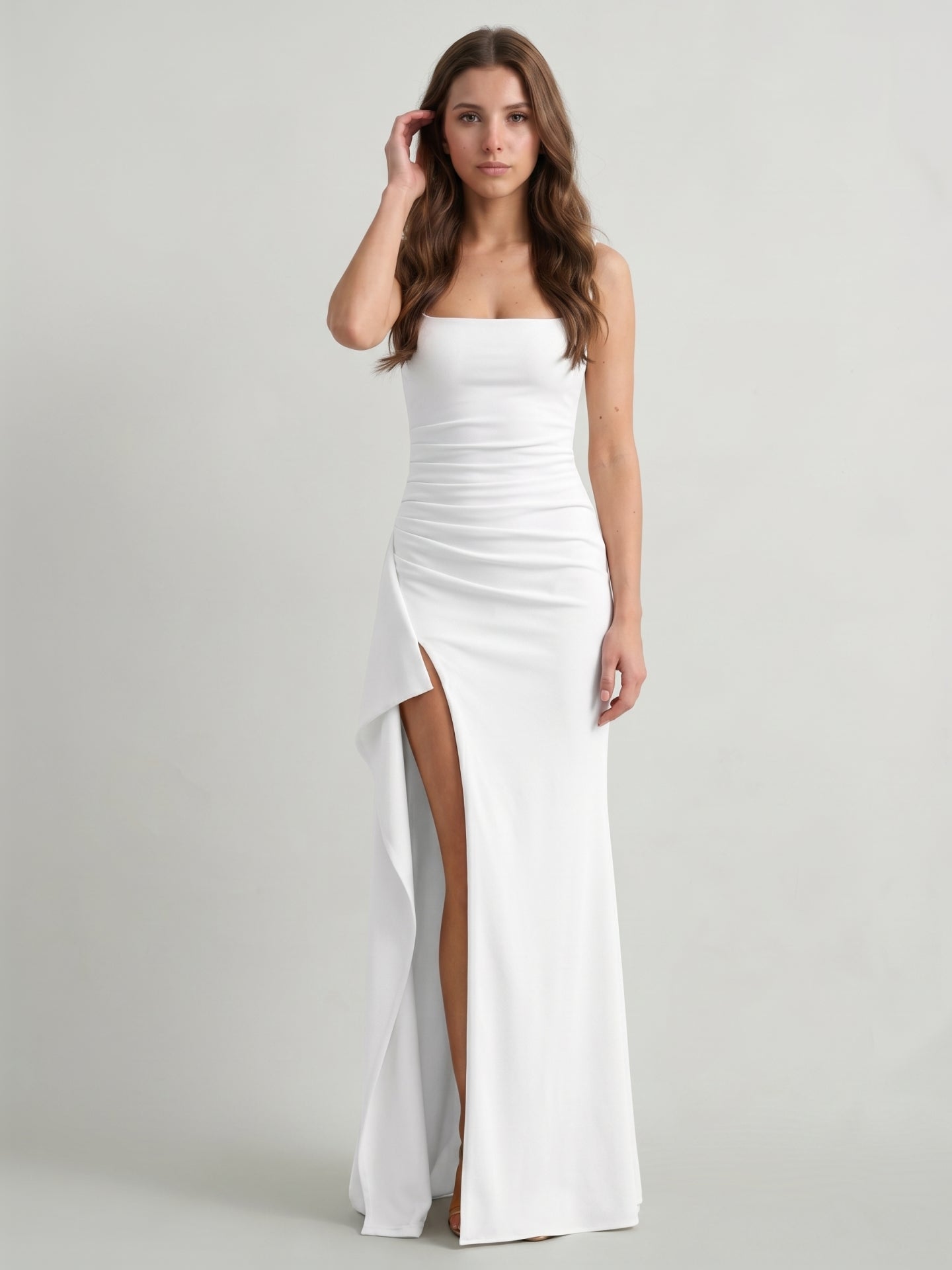 White Stretch Knit Sheath Square Neck Back Zip Floor-Length Bridesmaid Dress with Pleats