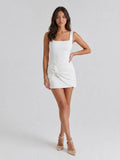 White Stretch Knit Sheath Square Neck Back Zip Short Evening Dress