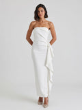 White Stretch Knit Sheath Straight Neck Ankle-Length Evening Dress with Back Zip