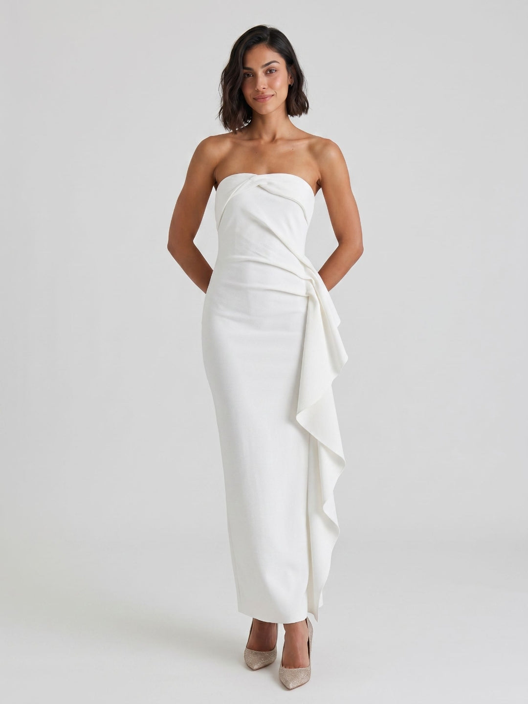 White Stretch Knit Sheath Straight Neck Ankle-Length Evening Dress with Back Zip