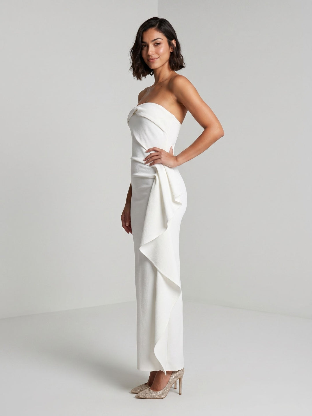 White Stretch Knit Sheath Straight Neck Ankle-Length Evening Dress with Back Zip