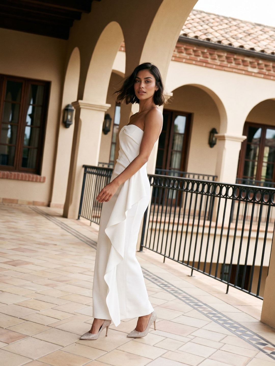 White Stretch Knit Sheath Straight Neck Ankle-Length Evening Dress with Back Zip