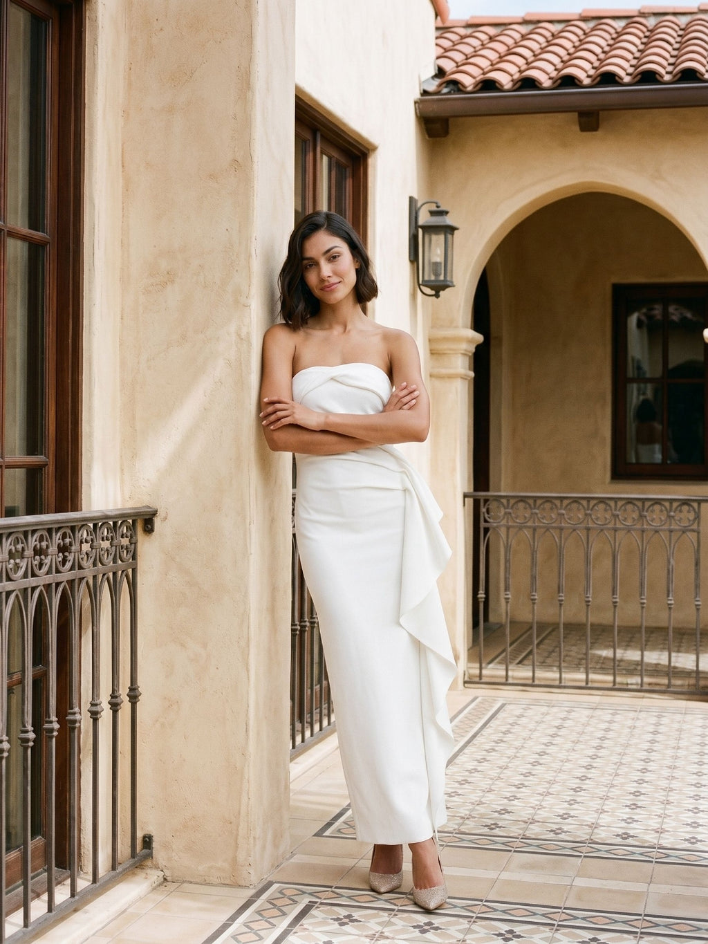White Stretch Knit Sheath Straight Neck Ankle-Length Evening Dress with Back Zip