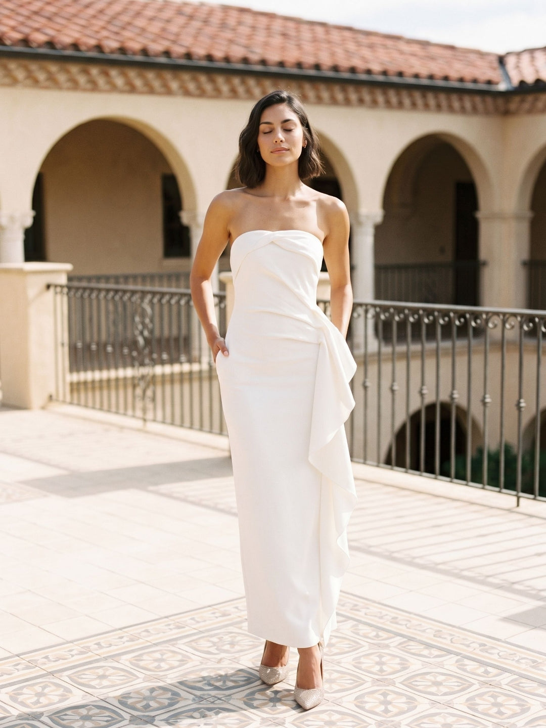White Stretch Knit Sheath Straight Neck Ankle-Length Evening Dress with Back Zip