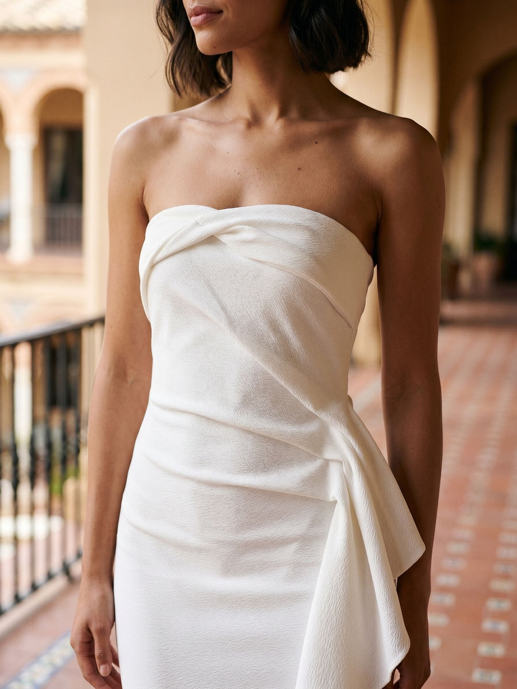White Stretch Knit Sheath Straight Neck Ankle-Length Evening Dress with Back Zip