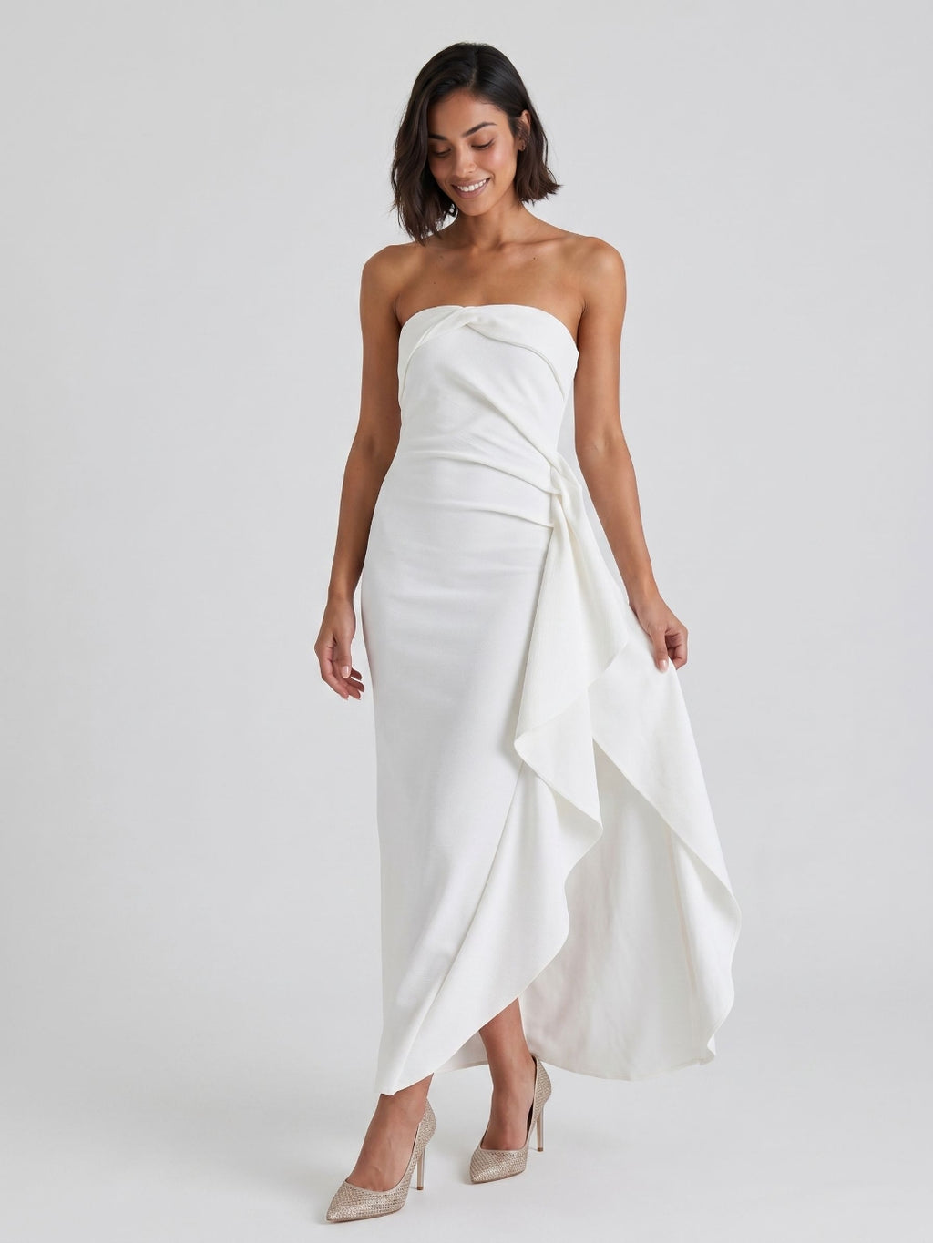 White Stretch Knit Sheath Straight Neck Ankle-Length Evening Dress with Back Zip