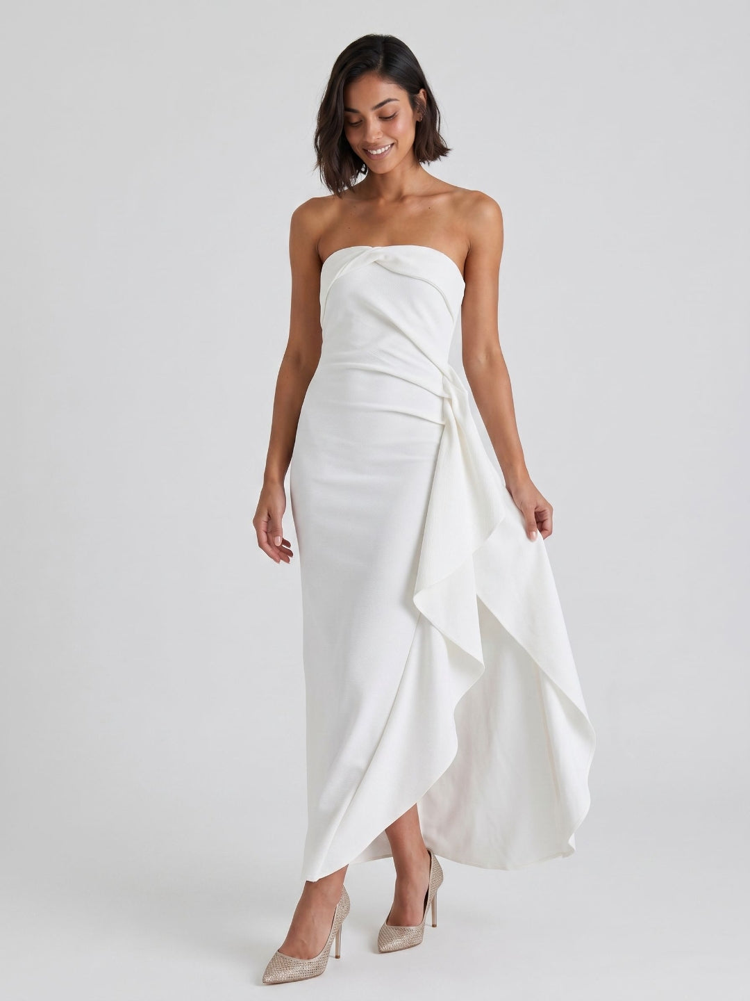 White Stretch Knit Sheath Straight Neck Ankle-Length Evening Dress with Back Zip