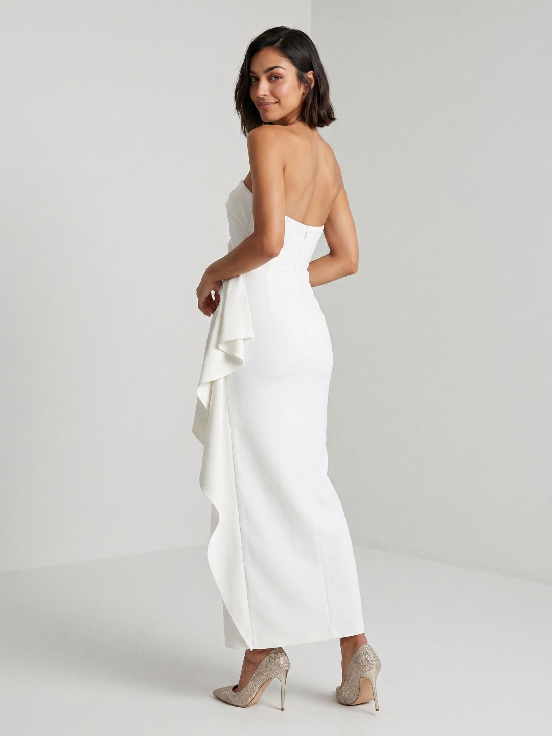 White Stretch Knit Sheath Straight Neck Ankle-Length Evening Dress with Back Zip