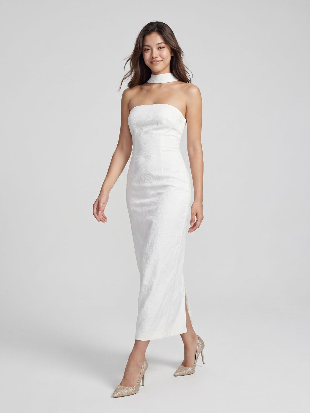 White Stretch Knit Sheath Straight Neck Back Zip Ankle-Length Evening Dress