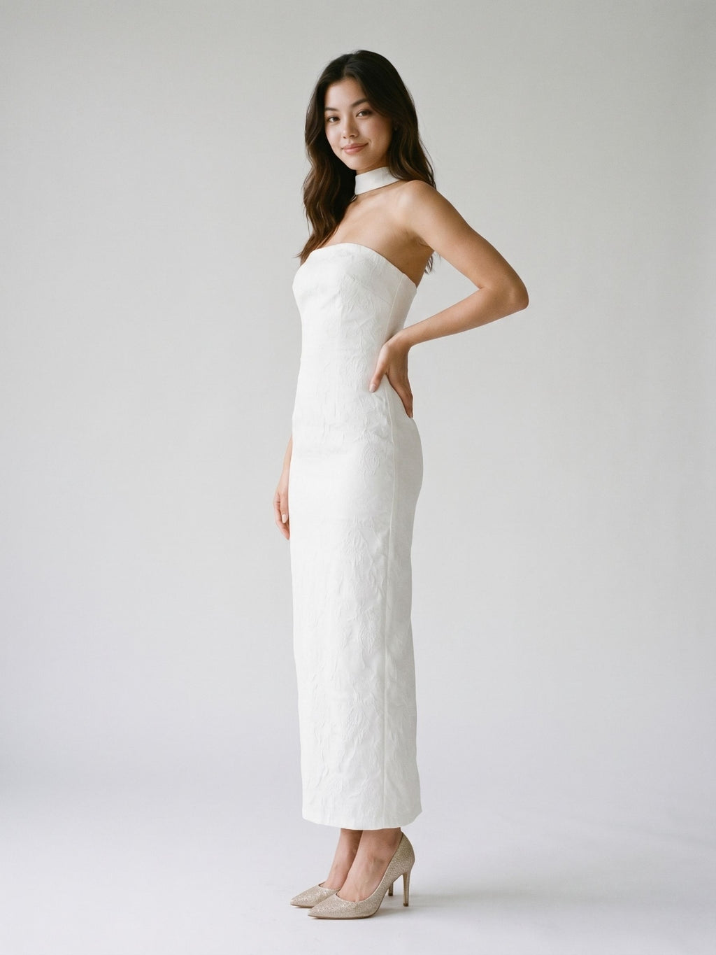 White Stretch Knit Sheath Straight Neck Back Zip Ankle-Length Evening Dress