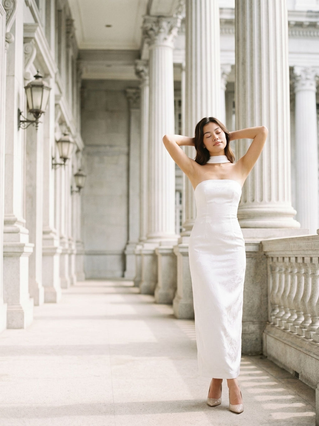 White Stretch Knit Sheath Straight Neck Back Zip Ankle-Length Evening Dress