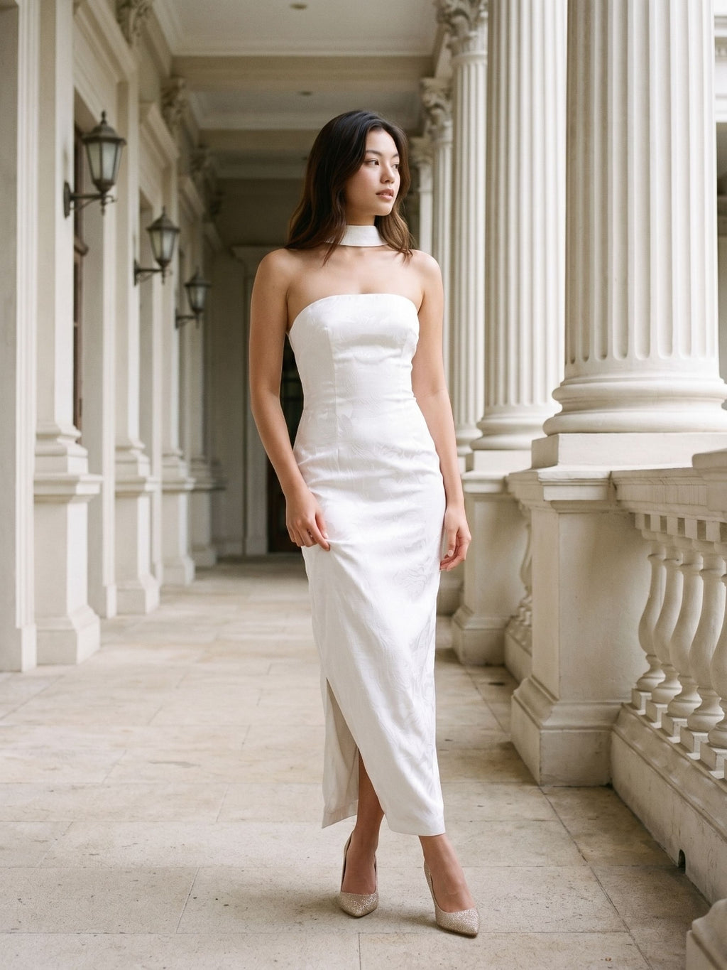 White Stretch Knit Sheath Straight Neck Back Zip Ankle-Length Evening Dress