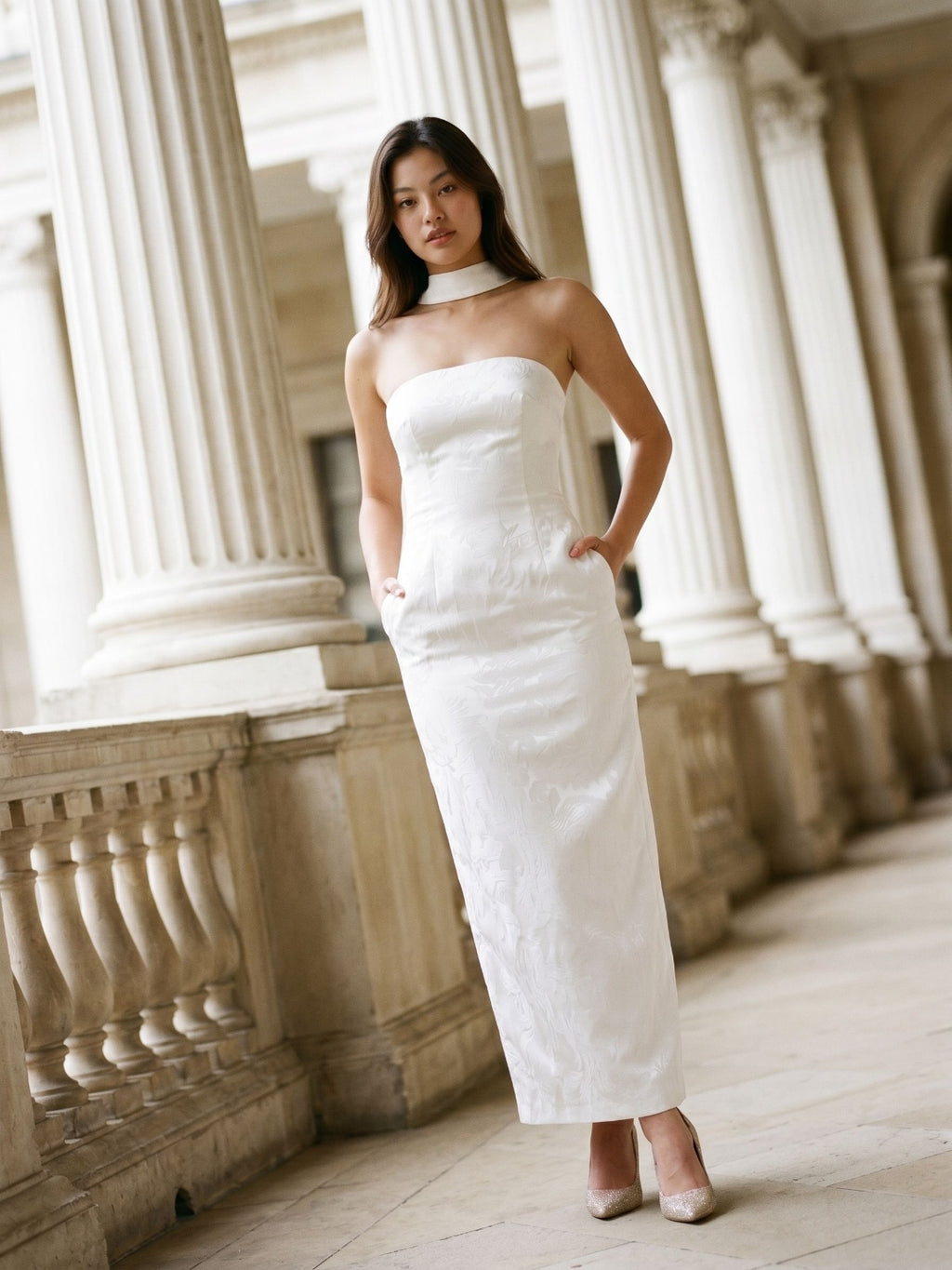 White Stretch Knit Sheath Straight Neck Back Zip Ankle-Length Evening Dress