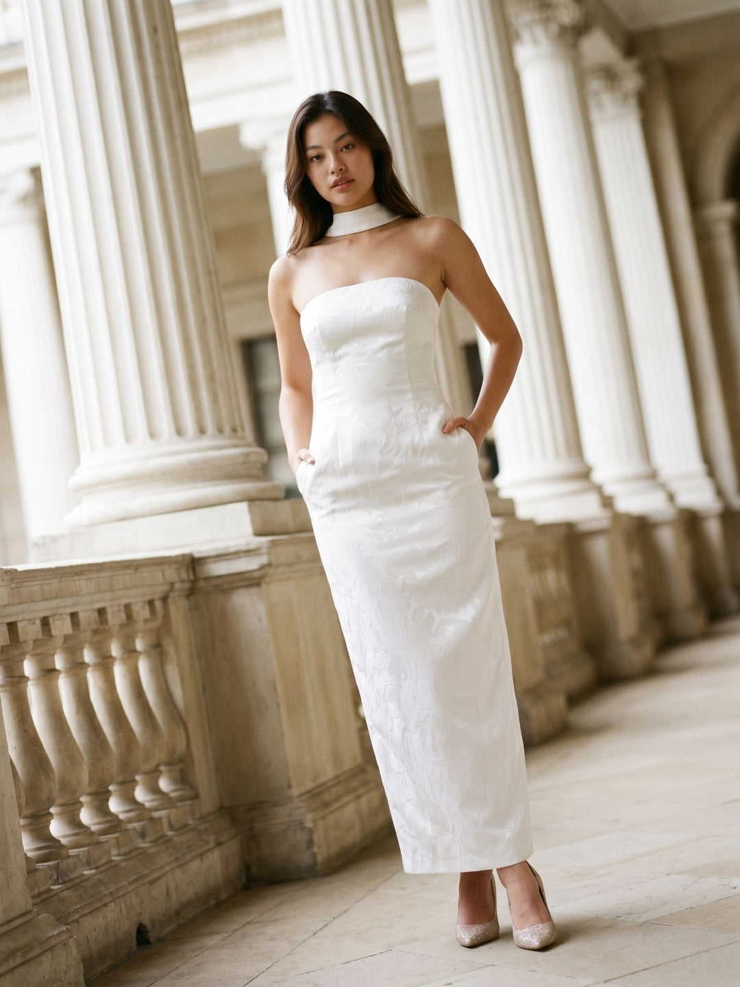 White Stretch Knit Sheath Straight Neck Back Zip Ankle-Length Evening Dress