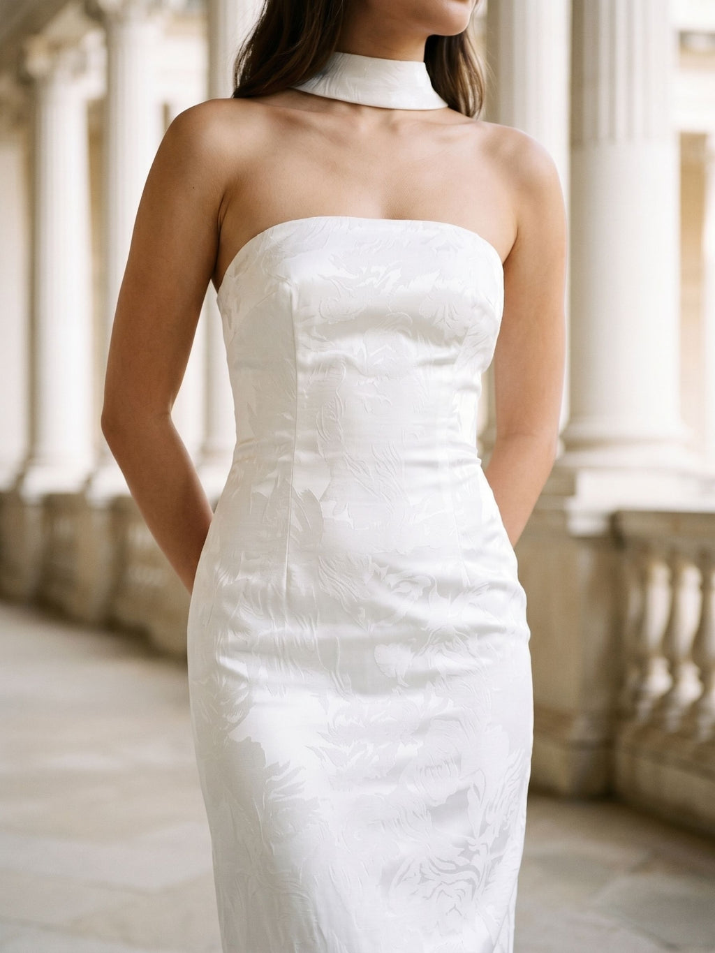 White Stretch Knit Sheath Straight Neck Back Zip Ankle-Length Evening Dress