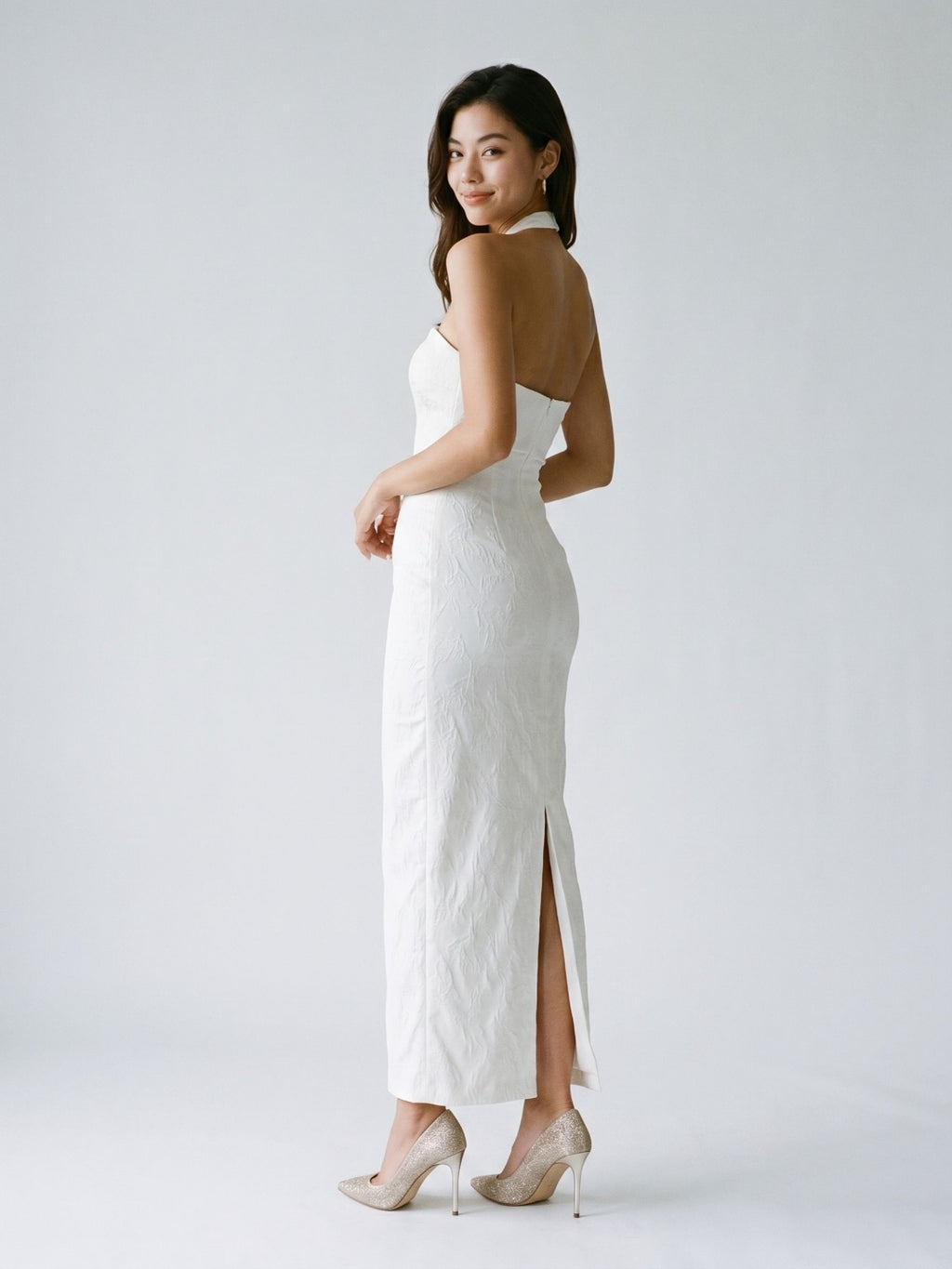 White Stretch Knit Sheath Straight Neck Back Zip Ankle-Length Evening Dress