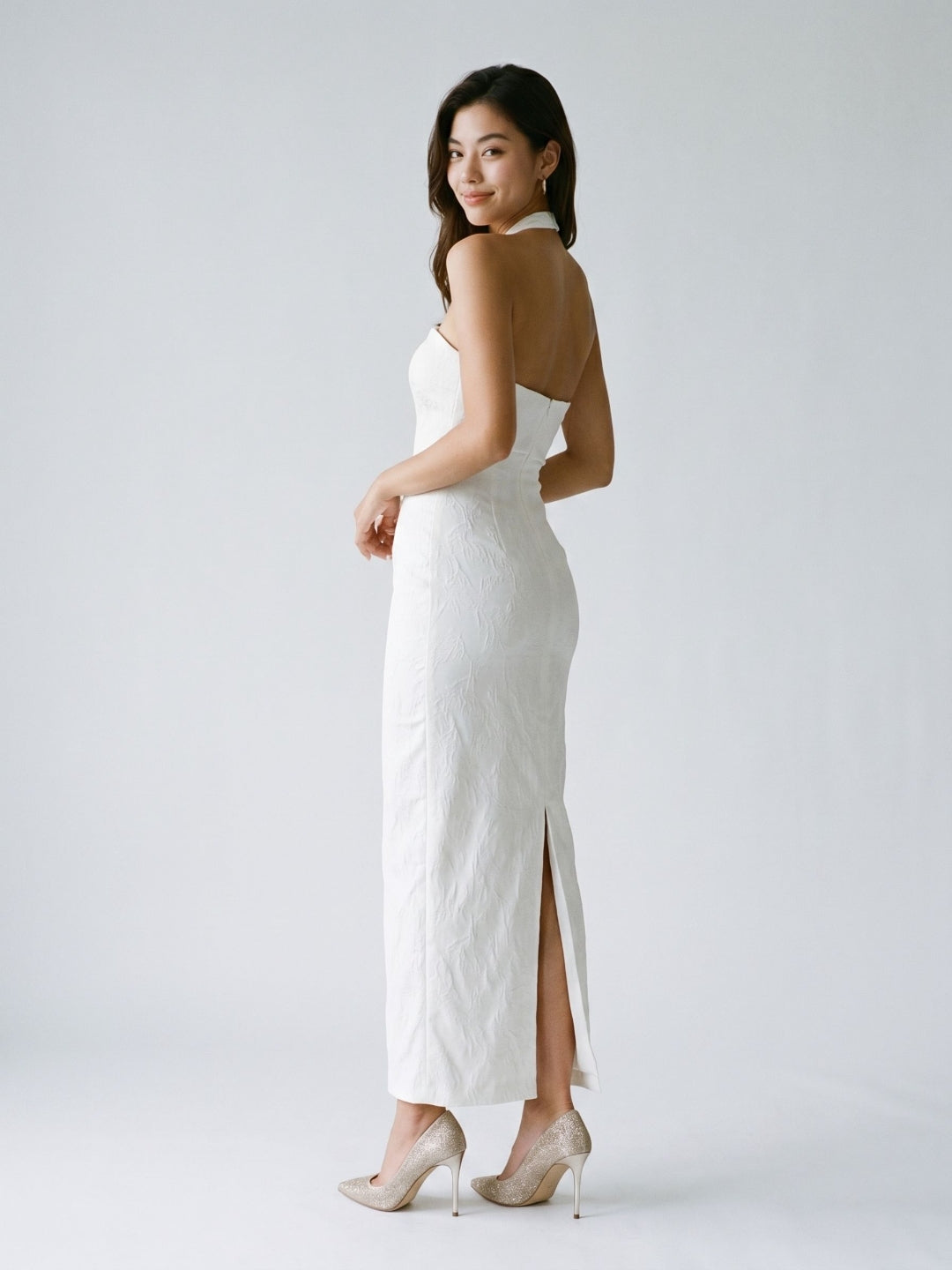 White Stretch Knit Sheath Straight Neck Back Zip Ankle-Length Evening Dress
