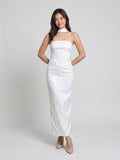 White Stretch Knit Sheath Straight Neck Back Zip Ankle-Length Evening Dress