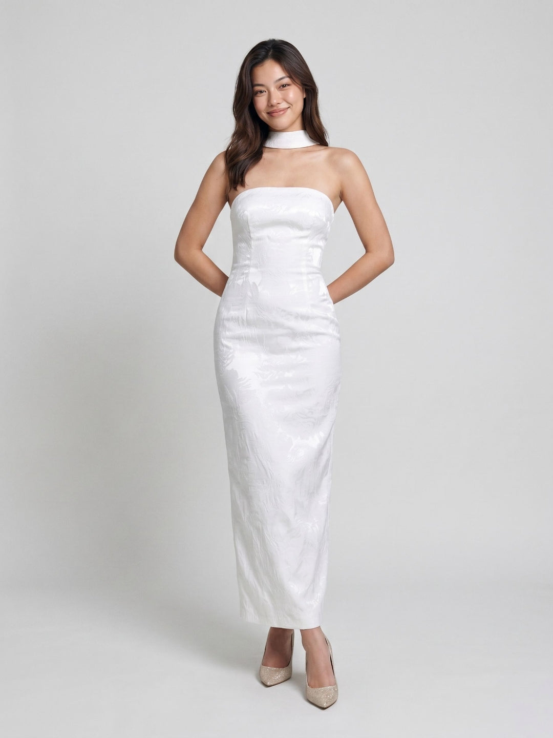 White Stretch Knit Sheath Straight Neck Back Zip Ankle-Length Evening Dress