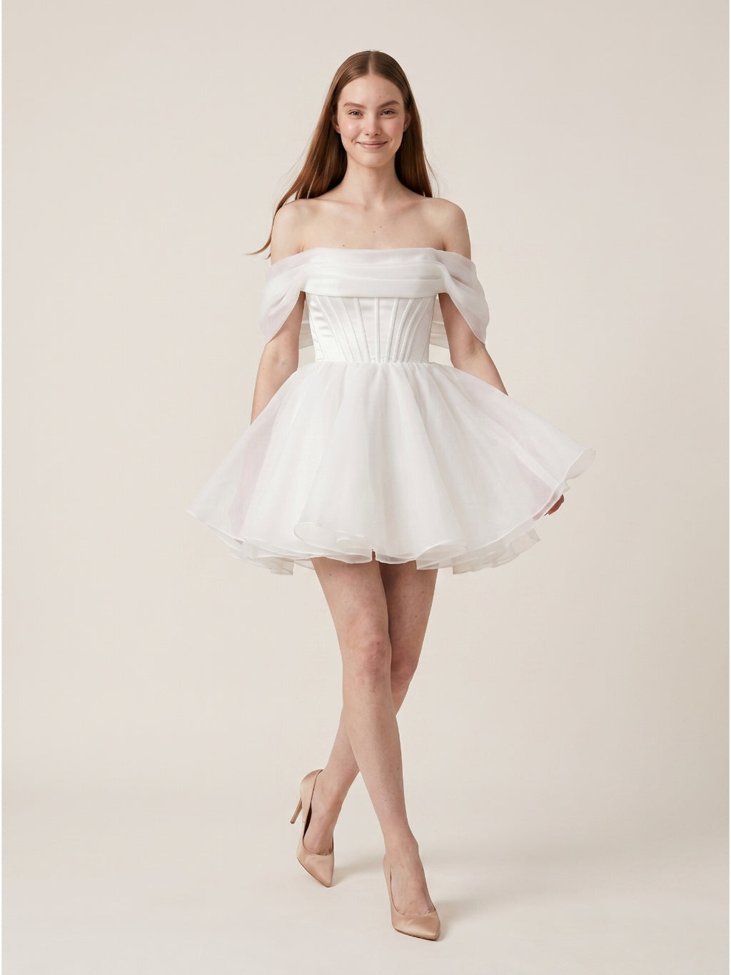 White Tulle A-Line Off-the-Shoulder Corset Back Mini  wedding dress