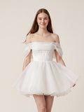 White Tulle A-Line Off-the-Shoulder Corset Back Mini wedding dress