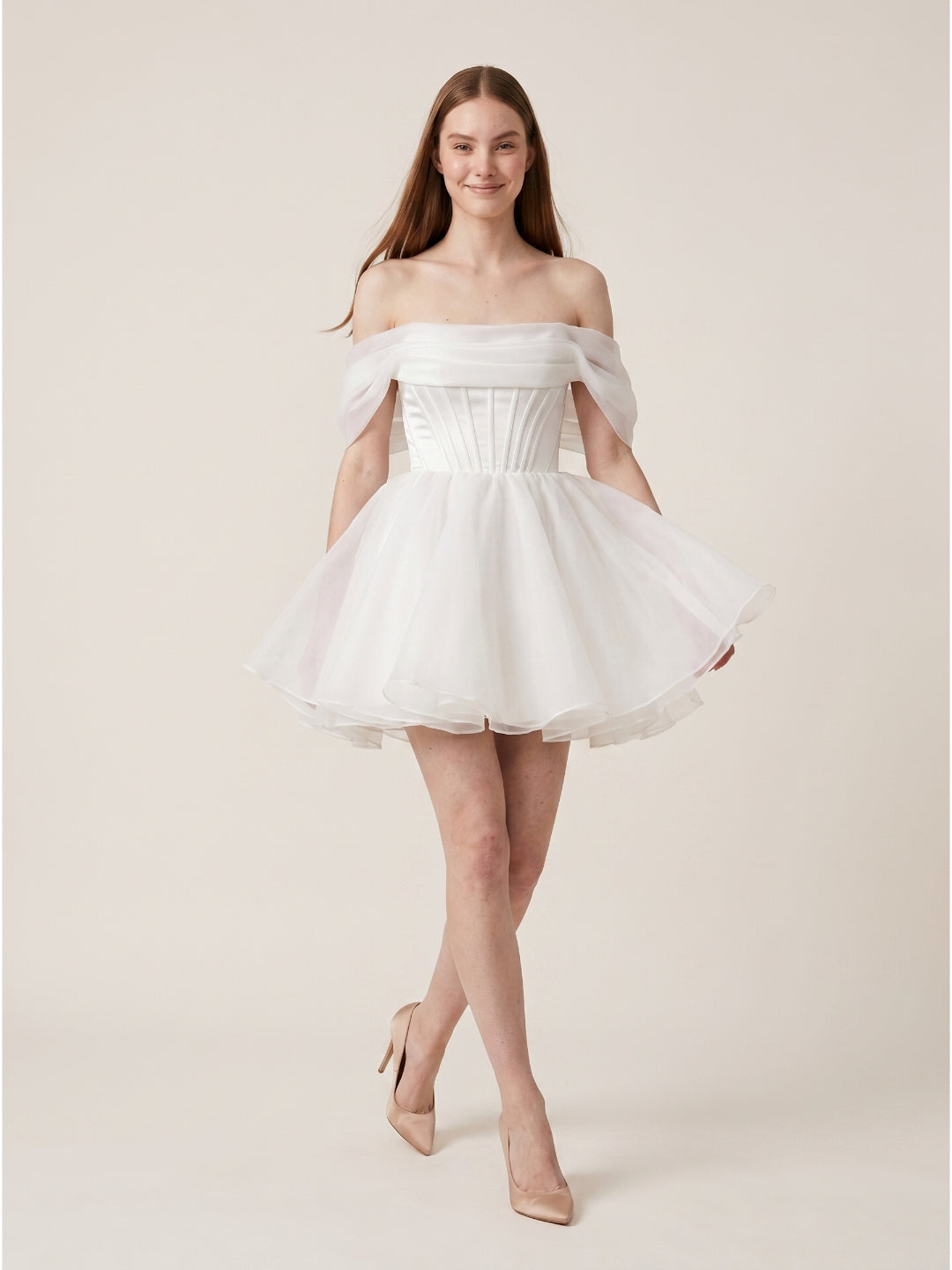 White Tulle A-Line Off-the-Shoulder Corset Back Mini  wedding dress