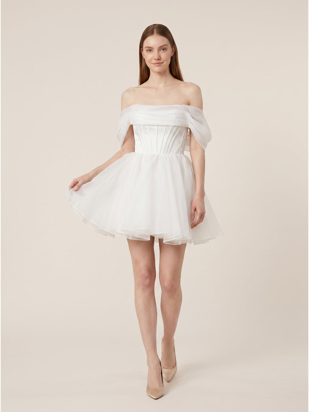 White Tulle A-Line Off-the-Shoulder Corset Back Mini  wedding dress