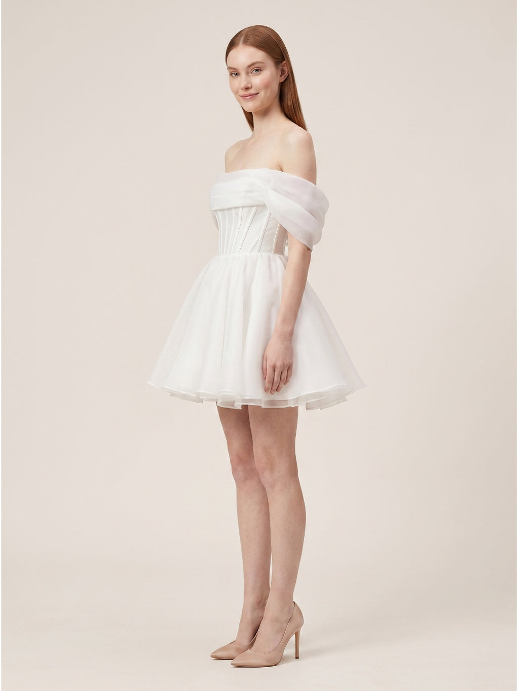 White Tulle A-Line Off-the-Shoulder Corset Back Mini  wedding dress